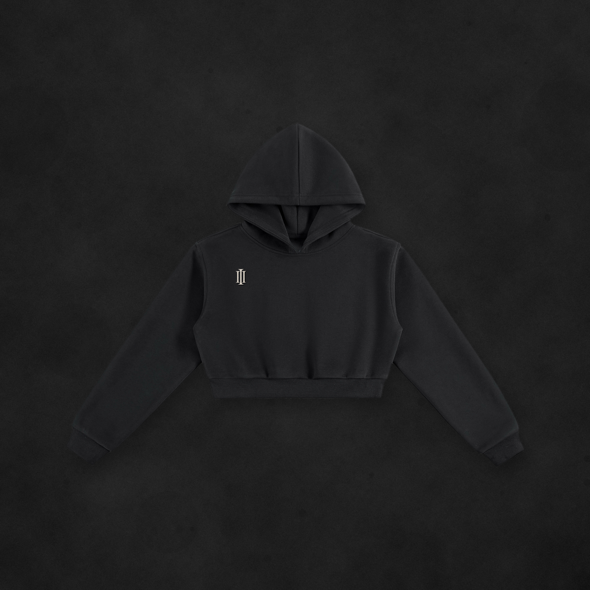 001 CROPPED CREST HOODIE (INK) — on concrete
