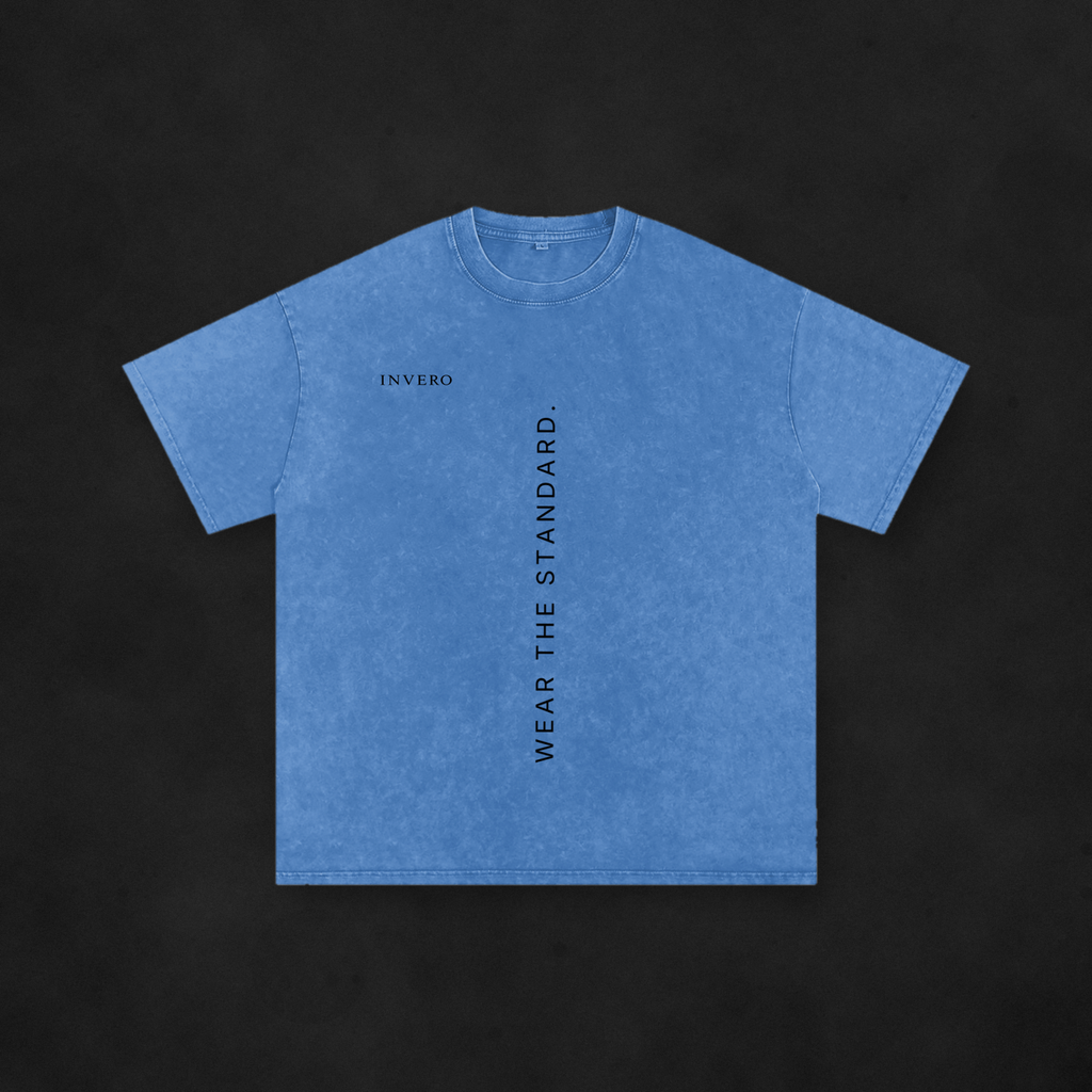 001 MOTTO TEE (INDIGO WASH) — on concrete